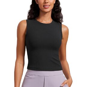 CRZ YOGA Womens Ribbed Tank Tops High Neck Yoga Workout Sleeveless Top Casual Going Out Fitted Tanks Shirts