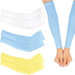 3Pairs Kids Arm Sleeves Thinly UV Sun Protection Cooling Arm Cover Compression Sleeves, Outdoor Sport Breathable Elastic Ice Sleeve for Youth Boys Girls (4-12 Years) (Yellow&Blue&White)