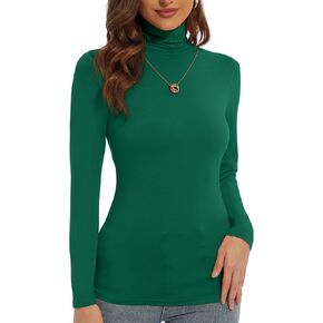 Slim Fitted Mock Green Long Sleeve Shirts for Women Turtleneck Tops for Women Base Layer Casual Shirts Winter (Green,Small)