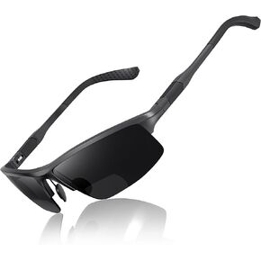 Dynamic Ultralight Aluminum Frame Sports Bifocal Reading Sunglasses Men Wrap Around UV 400 Protection Spring Hinge Semi Rimless Sun Readers Built In Driving/Running/Fishing Black,2.5