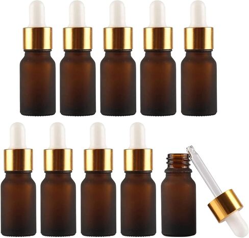 10Pcs, 10ml Frosted Amber Glass Bottles with Glass Pipettes, Mini Empty Dropper Bottles Gold Metal Cap Refillable Sample Container for Essential Oil/Aromatherapy Blends/Chemical Liquid in Saudi Arabia