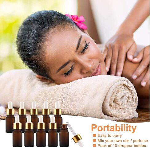 10Pcs, 10ml Frosted Amber Glass Bottles with Glass Pipettes, Mini Empty Dropper Bottles Gold Metal Cap Refillable Sample Container for Essential Oil/Aromatherapy Blends/Chemical Liquid in Saudi Arabia
