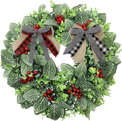 SUNFICON 19 بوصة مزرعة اصطناعية أوراق الأوكالبتوس إكليل خشب البقس إكليل ديكور كبير إكليل الباب الأمامي إكليل الزفاف نافذة الجدار داخلي في الهواء الطلق 4 أقواس ربط 81 التوت الأحمر in Kuwait