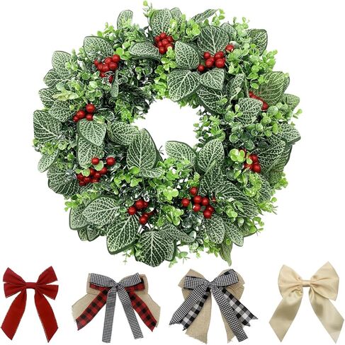 SUNFICON 19 بوصة مزرعة اصطناعية أوراق الأوكالبتوس إكليل خشب البقس إكليل ديكور كبير إكليل الباب الأمامي إكليل الزفاف نافذة الجدار داخلي في الهواء الطلق 4 أقواس ربط 81 التوت الأحمر in Kuwait