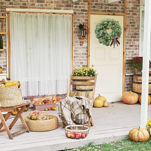 SUNFICON 19 بوصة مزرعة اصطناعية أوراق الأوكالبتوس إكليل خشب البقس إكليل ديكور كبير إكليل الباب الأمامي إكليل الزفاف نافذة الجدار داخلي في الهواء الطلق 4 أقواس ربط 81 التوت الأحمر in Kuwait