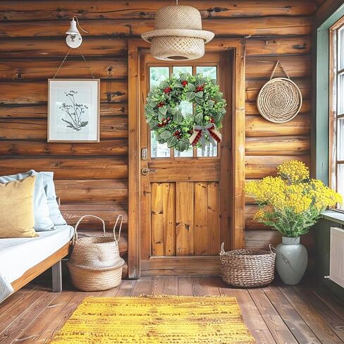 SUNFICON 19 بوصة مزرعة اصطناعية أوراق الأوكالبتوس إكليل خشب البقس إكليل ديكور كبير إكليل الباب الأمامي إكليل الزفاف نافذة الجدار داخلي في الهواء الطلق 4 أقواس ربط 81 التوت الأحمر in Kuwait