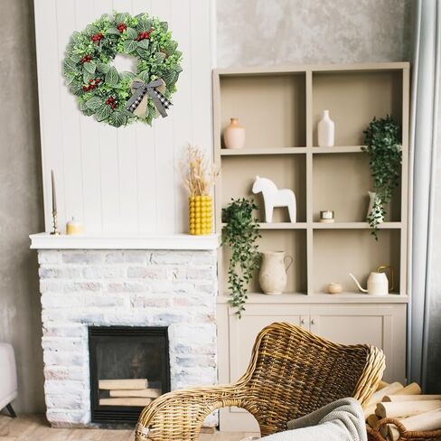 SUNFICON 19 بوصة مزرعة اصطناعية أوراق الأوكالبتوس إكليل خشب البقس إكليل ديكور كبير إكليل الباب الأمامي إكليل الزفاف نافذة الجدار داخلي في الهواء الطلق 4 أقواس ربط 81 التوت الأحمر in Kuwait