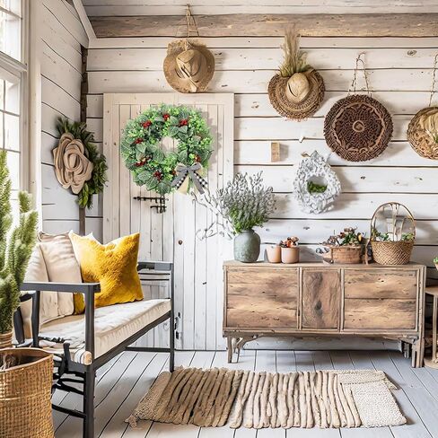 SUNFICON 19 بوصة مزرعة اصطناعية أوراق الأوكالبتوس إكليل خشب البقس إكليل ديكور كبير إكليل الباب الأمامي إكليل الزفاف نافذة الجدار داخلي في الهواء الطلق 4 أقواس ربط 81 التوت الأحمر in Kuwait