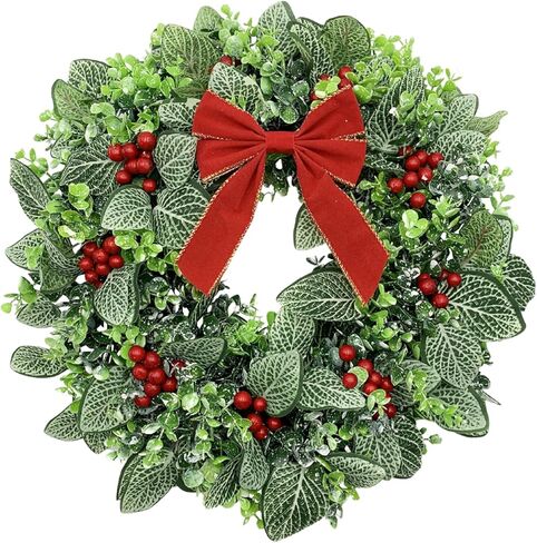 SUNFICON 19 بوصة مزرعة اصطناعية أوراق الأوكالبتوس إكليل خشب البقس إكليل ديكور كبير إكليل الباب الأمامي إكليل الزفاف نافذة الجدار داخلي في الهواء الطلق 4 أقواس ربط 81 التوت الأحمر in Kuwait