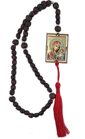 Our Lady of Kazan and Jesus Christ the Teacher Byzantine Icon on Prayer Rope Catholic Rosary Wooden Beads 16 1/2 Inch, Hand Made in Ukraine, 2 Sided in Saudi Arabia