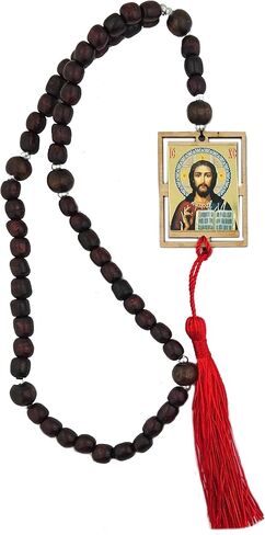 Our Lady of Kazan and Jesus Christ the Teacher Byzantine Icon on Prayer Rope Catholic Rosary Wooden Beads 16 1/2 Inch, Hand Made in Ukraine, 2 Sided in Saudi Arabia