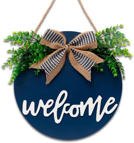 Welcome Sign For Front Door, Farmhouse Wall Decor Welcome Sign, 12" Wooden Welcome Home Decorations, Outdoor Welcome Signs For Porch, Wreaths For Front Porch Door Wall Hanging by Nidoot(Dark Blue) in Saudi Arabia