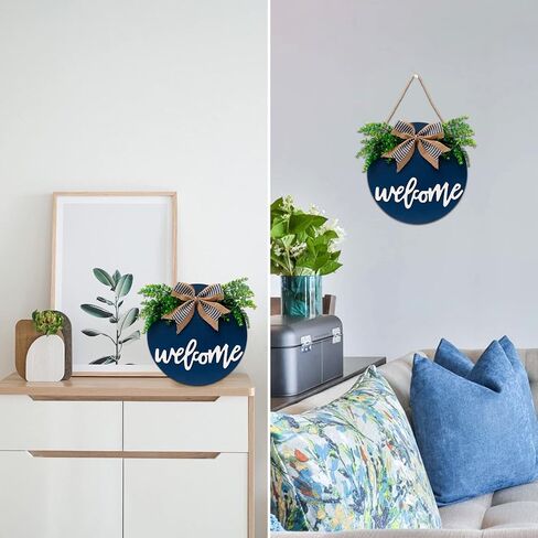 Welcome Sign For Front Door, Farmhouse Wall Decor Welcome Sign, 12" Wooden Welcome Home Decorations, Outdoor Welcome Signs For Porch, Wreaths For Front Porch Door Wall Hanging by Nidoot(Dark Blue) in Saudi Arabia