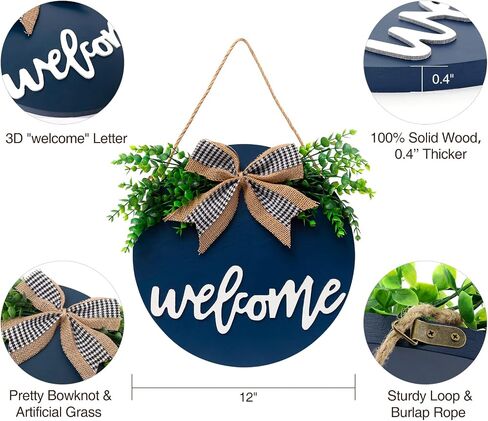 Welcome Sign For Front Door, Farmhouse Wall Decor Welcome Sign, 12" Wooden Welcome Home Decorations, Outdoor Welcome Signs For Porch, Wreaths For Front Porch Door Wall Hanging by Nidoot(Dark Blue) in Saudi Arabia