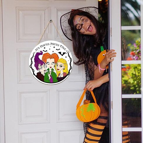 Halloween Door Sign, 3 Witches Theme Wreaths for Front Door Farmhouse, Wooden Hanging Sign Patriotic Decoration for Halloween (It‘s Houcs Pocus Time) in Saudi Arabia