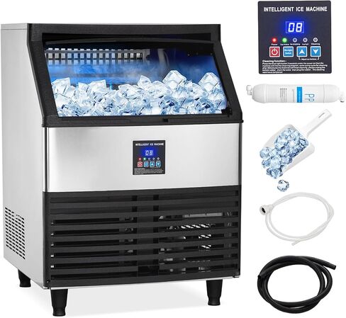 ماكينة صنع الثلج التجارية، ماكينة صنع الثلج بقوة 300 رطل/24 ساعة تحت ماكينة صنع الثلج مع ضاغط بقدرة 500 وات، وتخزين 100 رطل، ومضخة تصريف المياه، وفلتر مياه، ومجارف ثلج متضمنة in Kuwait