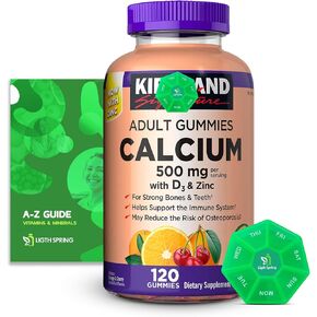 Calcium Gummies 500 mg with D3 & Zinc, 120 Gummies with Exclusive Better Ligth&Spring Guide + Weekly Pill Organizer (3 Items)