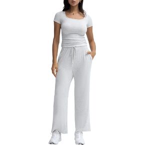 Women's 2 Piece Lounge Sets Ruched Casual Tracksuits Outfits Shorts Sleeve Square Neck Top Wide Legs Pants