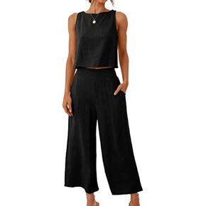 SOMTHRON Women's Linen 2 Piece Outfits Sleeveless Crop Top Wide Leg Pants Tracksuit Lounge Matching Sets