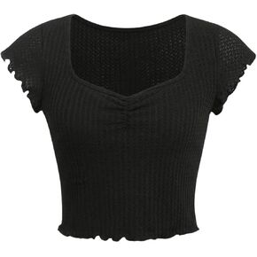 SOLY HUX Girl's Crop Tops Waffle Knitted Fitted Tees Cute Ruched Sweetheart Neck Cap Sleeve Summer T Shirts