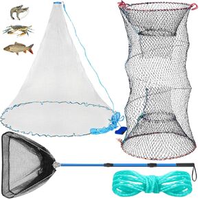 3 Pcs Fishing Cast Net with Heavy Duty Sinker Portable Folded Lobster Crab Trap Fishing Net with Long Robust Telescopic Handle Freshwater Saltwater Bait Fishing Accessories