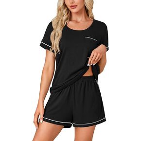 Rooscier Women's Pajama Set Short Sleeve Scoop Neck Pocket Top With Shorts Sleepwear