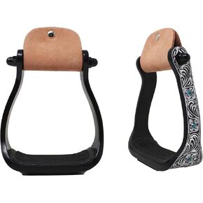 Horse Western Black Engraved Rhinestone Barrel Racing Aluminum Show Stirrups 51179v