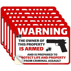 Warning The Owner of This Property Is Armed and Is Prepared to Protect Life Sign, (6 Pack) 5x3.5 Inches, 4 Mil Vinyl Decal Stickers UV Protected, Made in USA by Sigo Signs