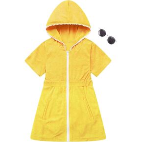 Girls Swim Cover Up Kids Beach Swimsuit Coverup Terry Zip-Up Bathing Suit Beach Pool Clothes with Sunglasses