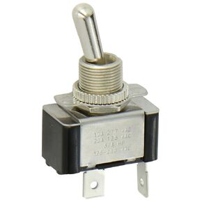 Toggle Switch, Maintained Contact and Single Pole, On Off Circut Function, SPST, Brass/Nickel Actuator, 20/10 amps at 125/250 VAC, 0.250 Quikconnect Connection, 0.670" Thick