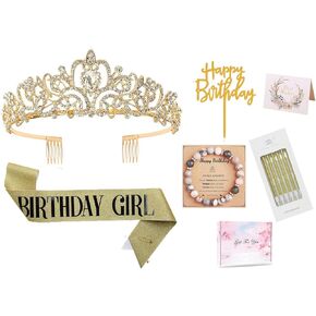Birthday Gifts Decorations for Women Girls Her Include Birthday Crown/Tiara, Birthday Sash, Happy Birthday Cake Toppers, Birthday Candles, Bracelet, Card & Gift Box(Black Birthday Queen)