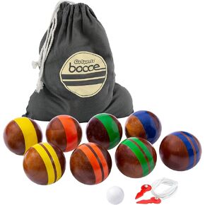 GoSports 100 mm Hardwood Bocce Set with 8 Premium 12 oz Wood Balls, Pallino, Case and Measuring Rope