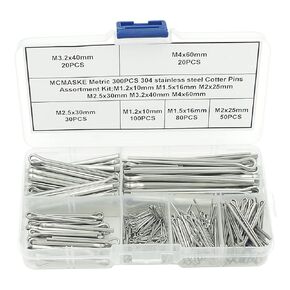 Metric 300PCS 304 Stainless Steel Cotter Pins/Split Pins Assortment Kit;M1.2x10mm M1.5x16mm M2x25mm M2.5x30mm M3.2x40mm M4x60mm