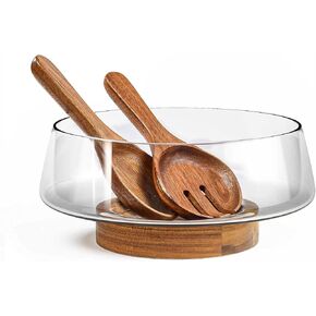 Extra Large Glass Salad Bowl Set - Salad Bowls for Party with Acacia Wood Base and Salad Serving Utensils - Elegant and Practical Kitchen Must-Have