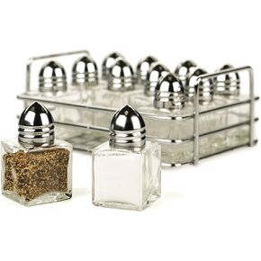 RSVP International Mini Glass Salt & Pepper Set Holder Included, 12 Shakers, Chrome and Stainless Steel