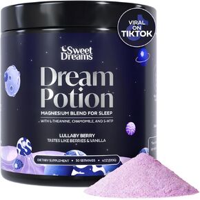 Sweet Dreams Dream Potion Sleep Support Blend with Magnesium Glycinate, Glycine, L-Theanine & Chamomile - Sugar Free Blueberry Flavor (30 servings)