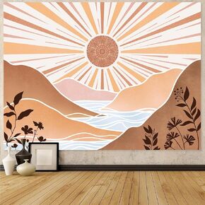 Accnicc Boho Sun Mountain Tapestry Vintage 70s Abstract Rainbow Sunset Sunrise Tapestries for Bedroom Aesthetic Retro Gold Art Sunshine Classroom Tapestry Wall Hanging for Living Room Dorm (Brown, 48'' × 36'')