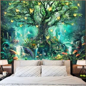 Zussun Fantasy Forest Tapestry Green Fairy Magical Tree of Life Tapestries for Bedroom Aesthetic Nature Plant Tapastry's Wall Hanging Mushroom Butterfly Elves Wall Tapestry for Living Room Dorm (80" x 60")