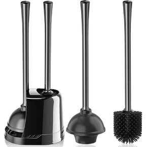 Toilet Plunger and Brush, Silicone Bowl Brush and Heavy Duty Toilet Plunger Set with Ventilated Holder, 2-in-1 Toilet Brush and Plunger Combo for Bathroom Cleaning (Black, 1 Set)
