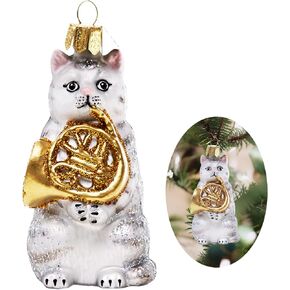 Cat Christmas Ornaments, Cat Ornaments for Christmas Tree, Christmas Decoration Collection of Cat Figurine,Glass Blown Hanging Ornaments, Ornament Gifts for Cat Lover (Cat Playing The Trumpet)