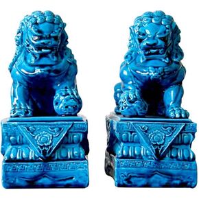 Chinese Fu Lions Foo Dogs Statues Pair Blue Ceramic Feng Shui for Home Decor Sculptures and Prosperity Accessories H8.5“*W6.1“