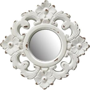 Handcarved Floral Wall Mirror Decoration, 11.8-inch Worn-Out White Country Wood Mirror, Used for Room Decoration, Home Decoration, Bedroom, Living Room, Bathroom, Kitchen