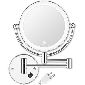 Wall Mounted Lighted Makeup Mirror with Magnification, 8-inch 1X/10X Wall Mount Magnifying Mirror for Bathroom, Touch Dimmable, 360 Degree Swivel, 2-Sided, Extendable Arm