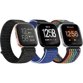 Tiptops 3 Pack Bands Compatible with Fitbit Versa 2/Fitbit Versa/Versa Lite/Versa SE for Women Men, Soft Nylon Sports Loop Replacement Wristband for Fitbit Versa 2 Straps