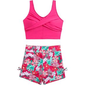 Milumia Girl's 2 Piece Tropical Print Swimsuits Twist Front Top and Swim Shorts Bathing Suits