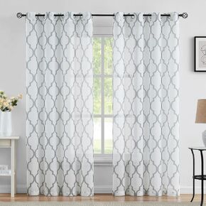 Metro Parlor Blue White Sheer Curtains 63 Inch Length for Living Room Bedroom, Moroccan Pattern Printed Window Treatments, Grommet Top Light Filtering Drapes 52" W 2 Panel Sets