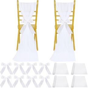 24 Set Wedding Aisle Decor Bulk Chiffon White Chair Sashes with Ribbons Tulle White Sashes Pew Decorations for Weddings Party Ceremony Church Flower Arrangement