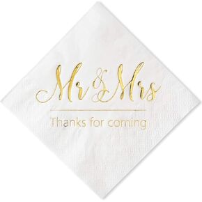 Crisky Napkins Mr and Mrs Gold Cocktail Beverage Dessert for Wedding Shower Engagement Party Decorations, Cake Table Decor Supplies. 100 Pcs, 3-Ply