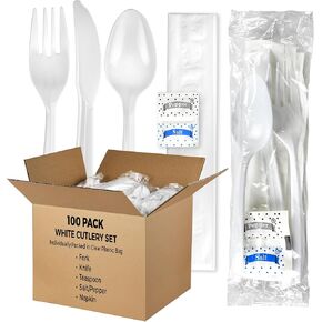 (100 Pack) Medium Weight Wrapped Black Plastic Cutlery Pack with Napkin and Salt/Pepper Packets (Black)
