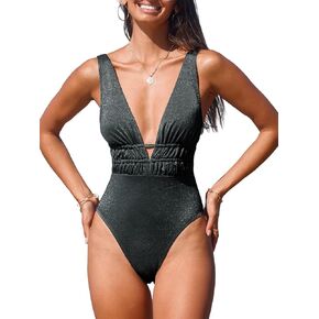 CUPSHE Women's One Piece Swimsuit Bathing Suit Plunging Neck Front Cutout Cheeky Drawstring Ruched Shinning